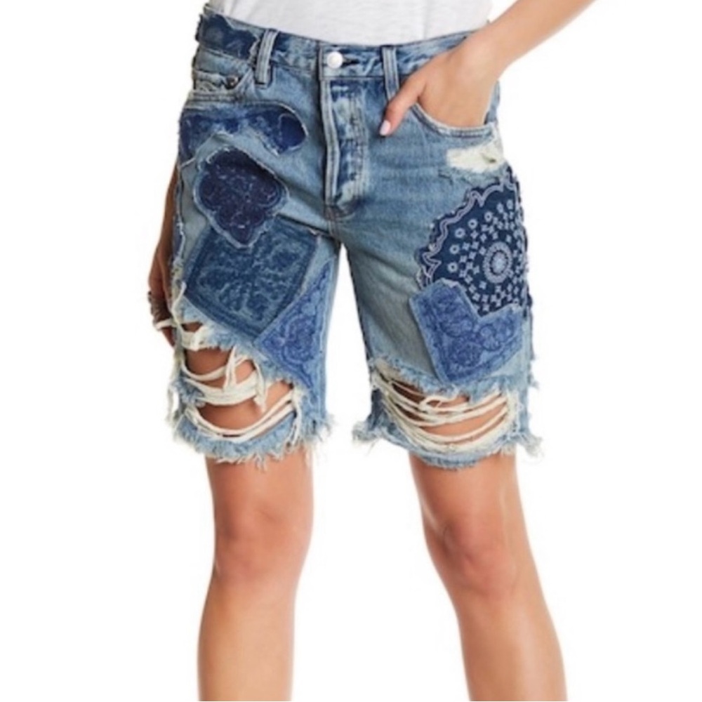 We The Free Blue Distressed Jean Patchwork Shorts - Picture 3 of 10